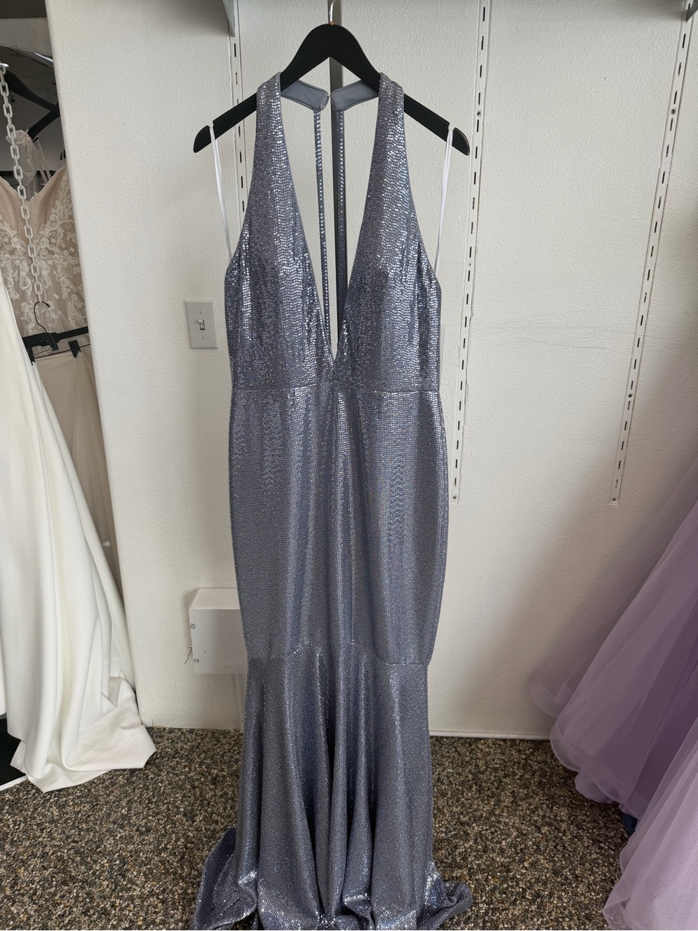 Silver Halter Sequin Evening Gown Terani Couture